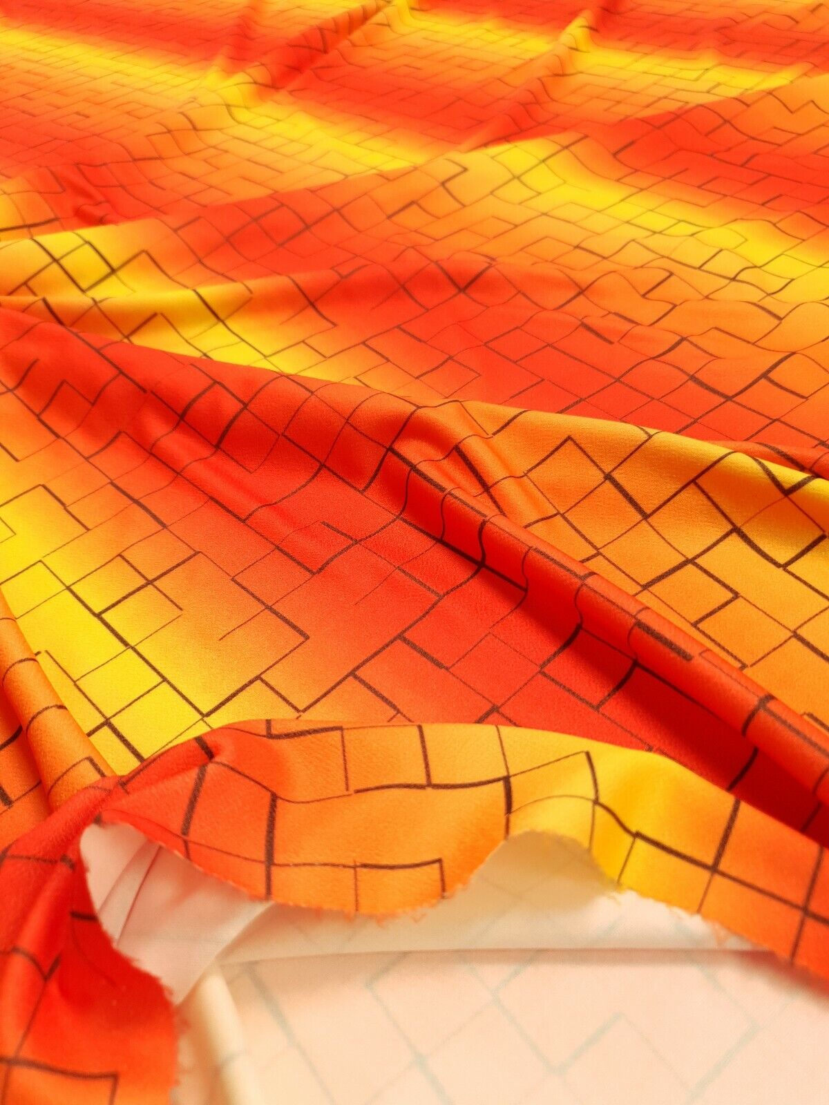 Yellow & Orange Squares Print Lightweight Jersey Crepe Fabric 4 Way Stretch
