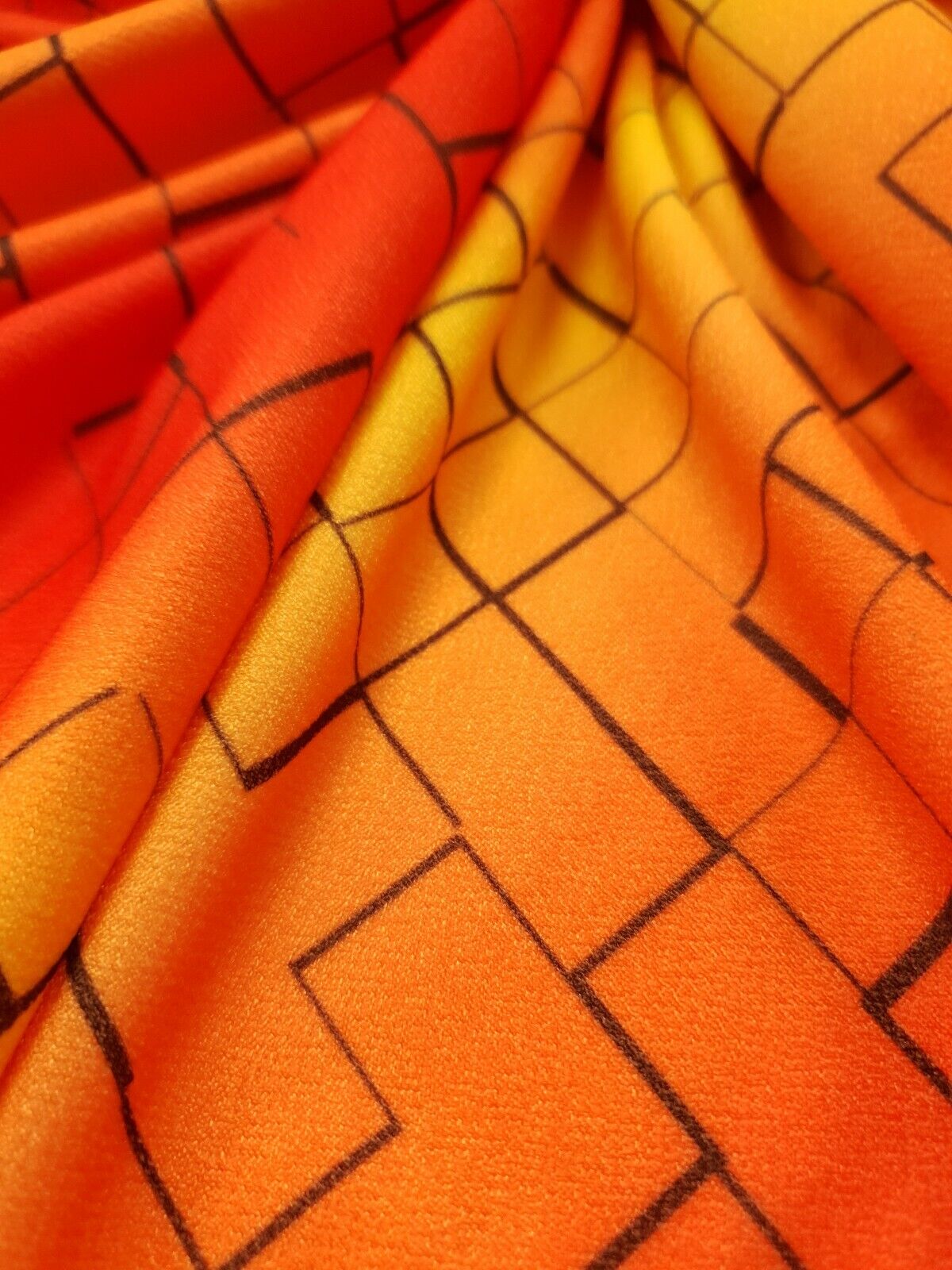 Yellow & Orange Squares Print Lightweight Jersey Crepe Fabric 4 Way Stretch