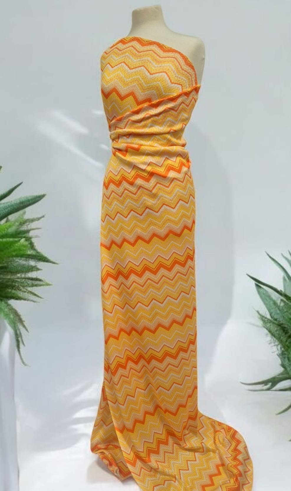 Yellow Orange Zigzag Knitted 4 Way Stretch Fabric