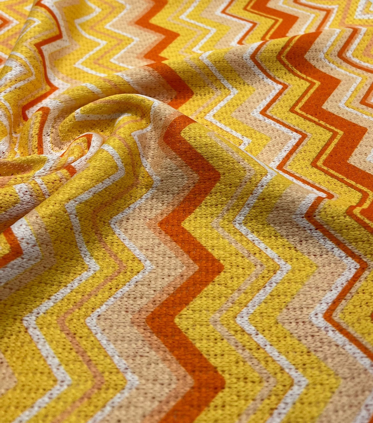 Yellow Orange Zigzag Knitted 4 Way Stretch Fabric