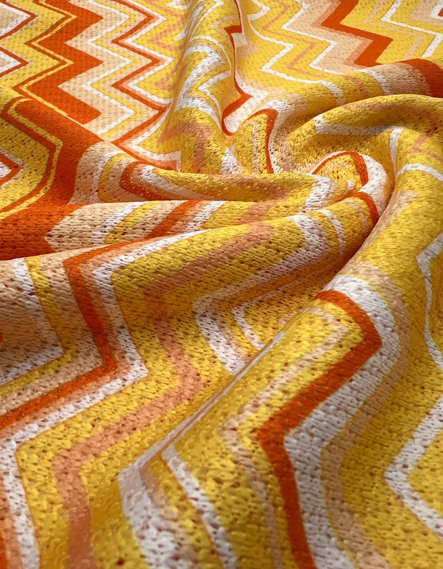 Yellow Orange Zigzag Knitted 4 Way Stretch Fabric