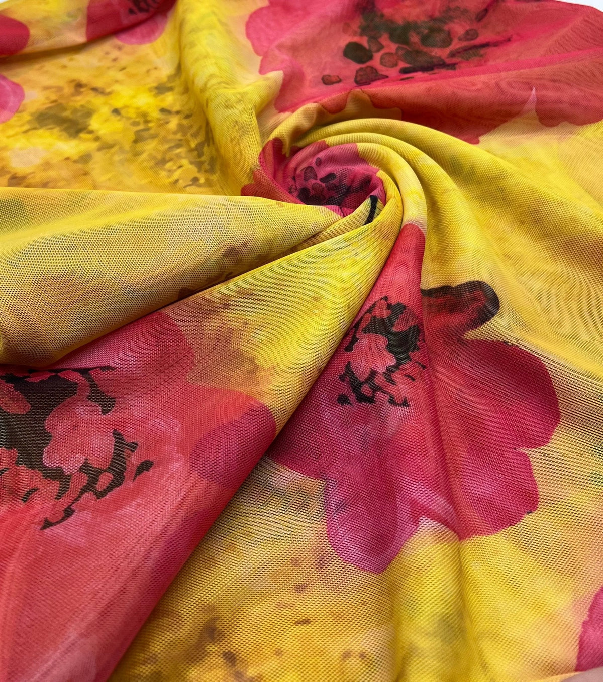 Yellow Pink Floral Mesh Fabric Stretch