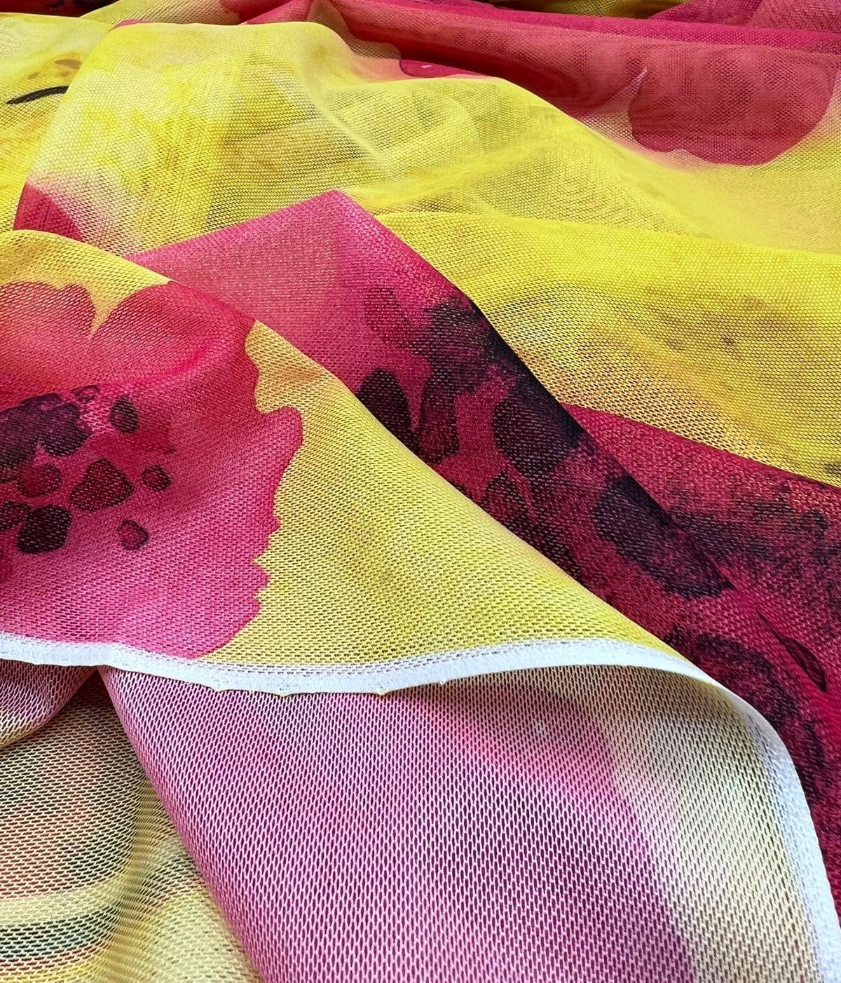 Yellow Pink Floral Mesh Fabric Stretch