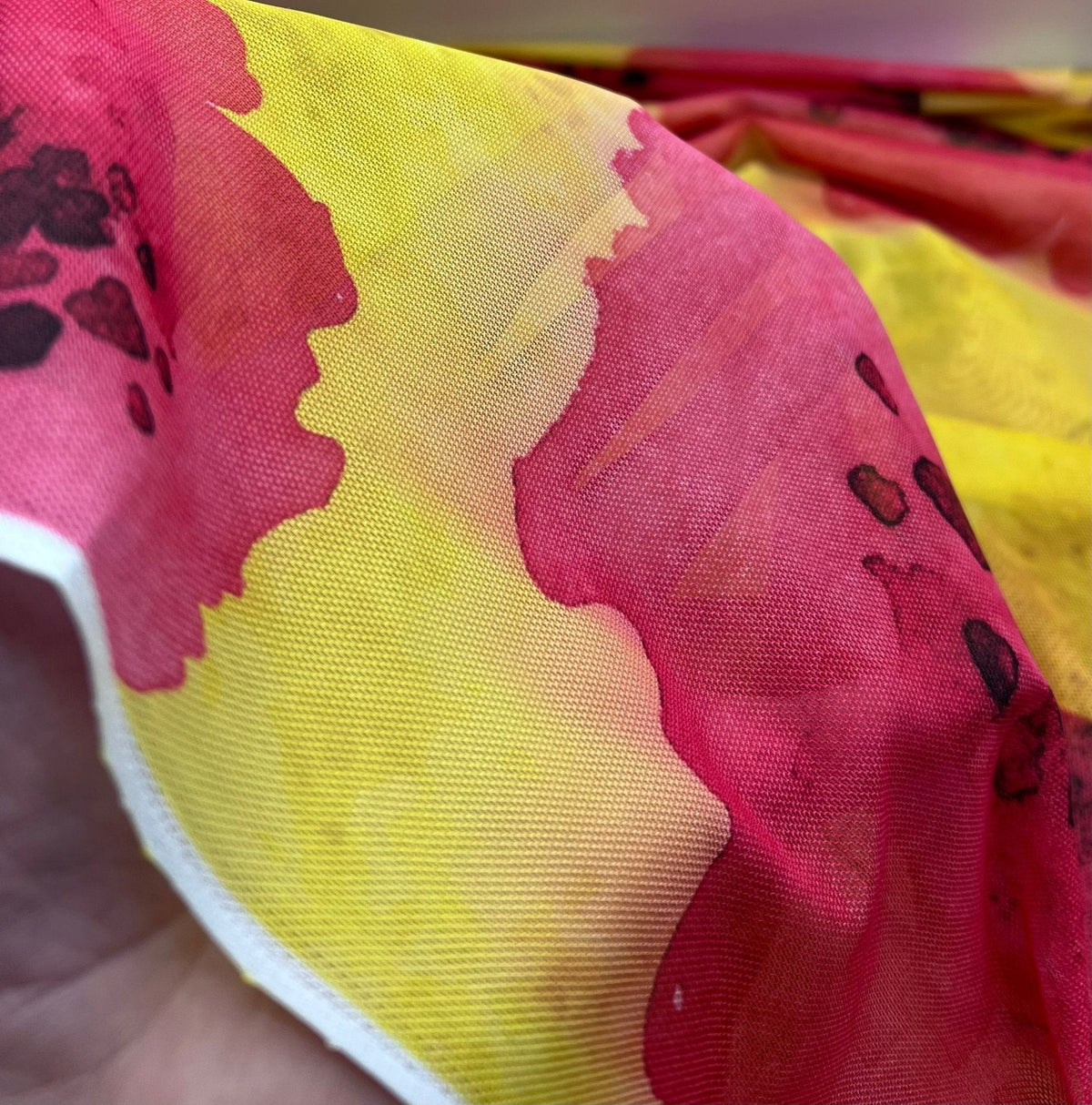 Yellow Pink Floral Mesh Fabric Stretch