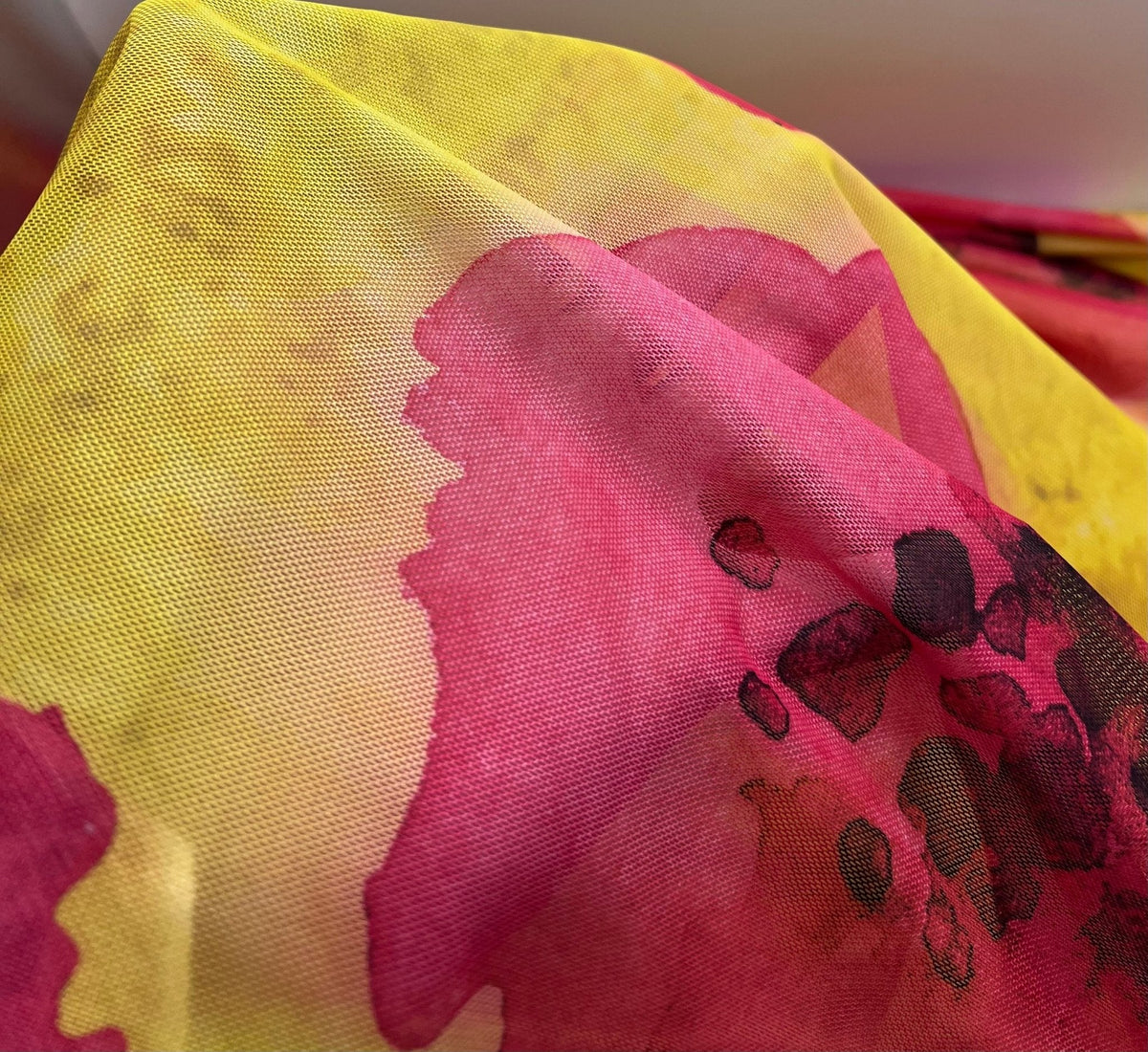 Yellow Pink Floral Mesh Fabric Stretch