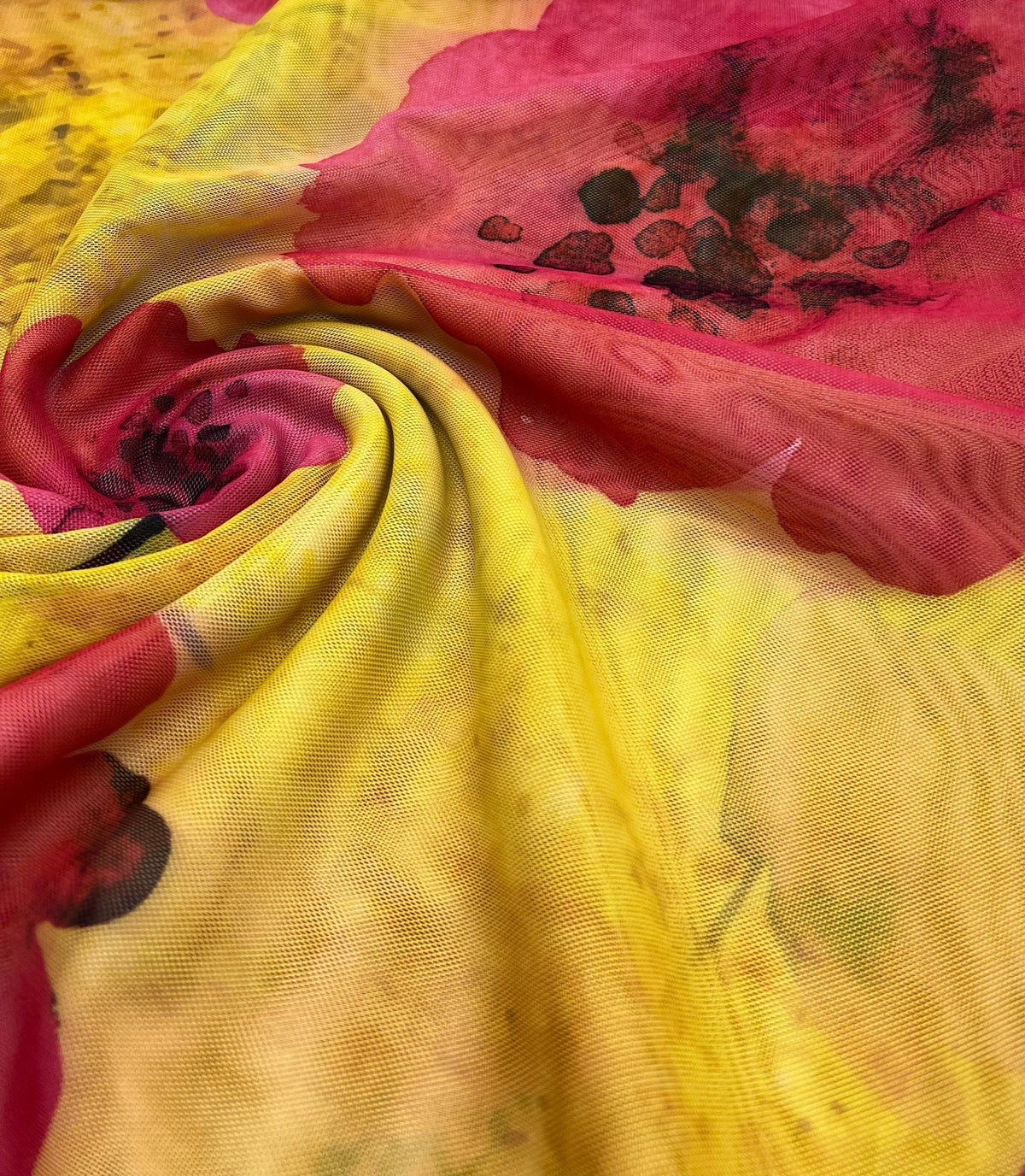 Yellow Pink Floral Mesh Fabric Stretch