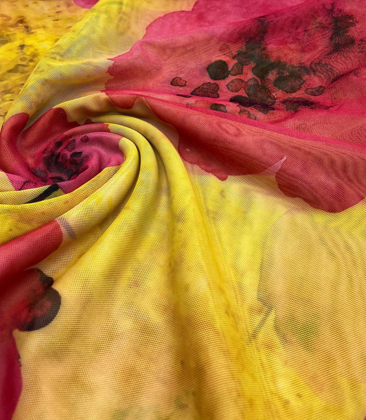 Yellow Pink Floral Mesh Fabric Stretch
