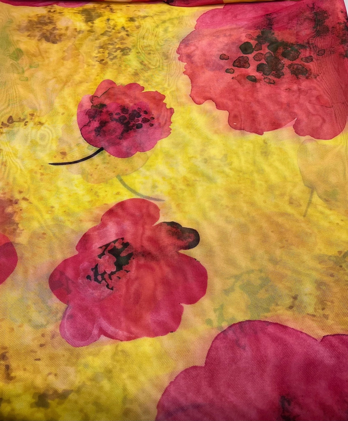 Yellow Pink Floral Mesh Fabric Stretch