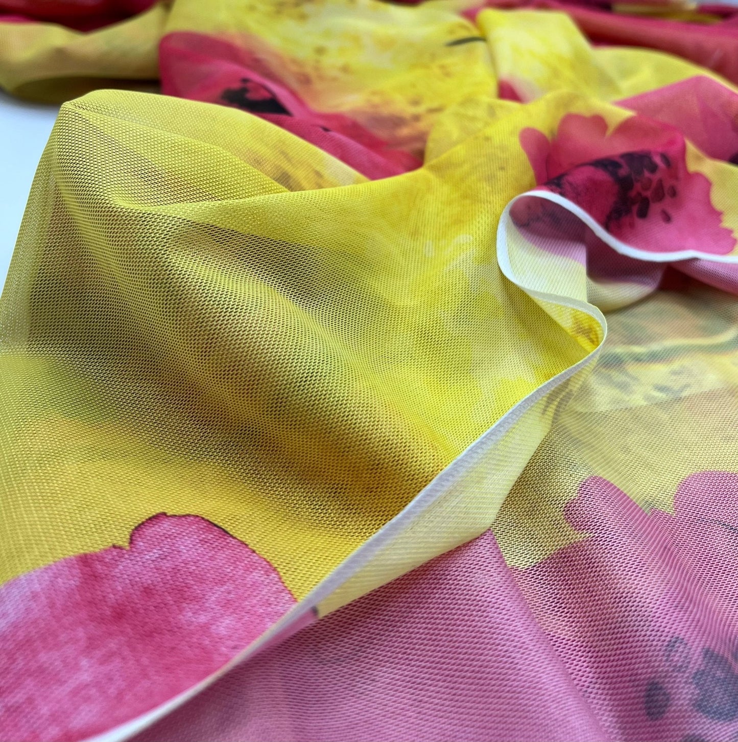 Yellow Pink Floral Mesh Fabric Stretch