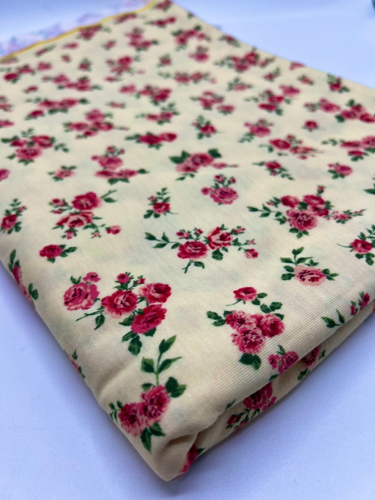 Yellow Rose Ditsy Floral Print Soft Spun Poly Stretch Fabric