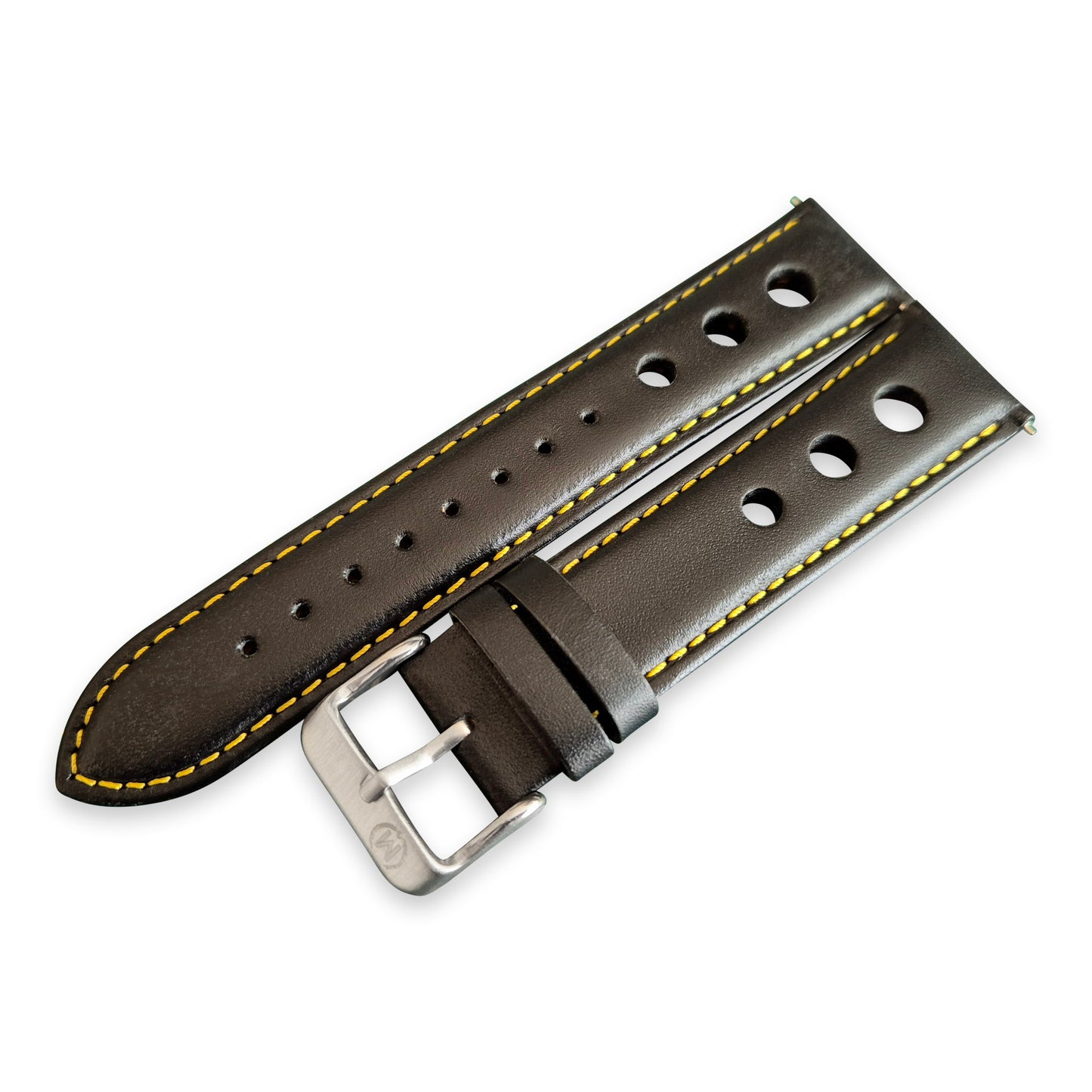 Black And Yellow Leather Rally Hole Watch Strap