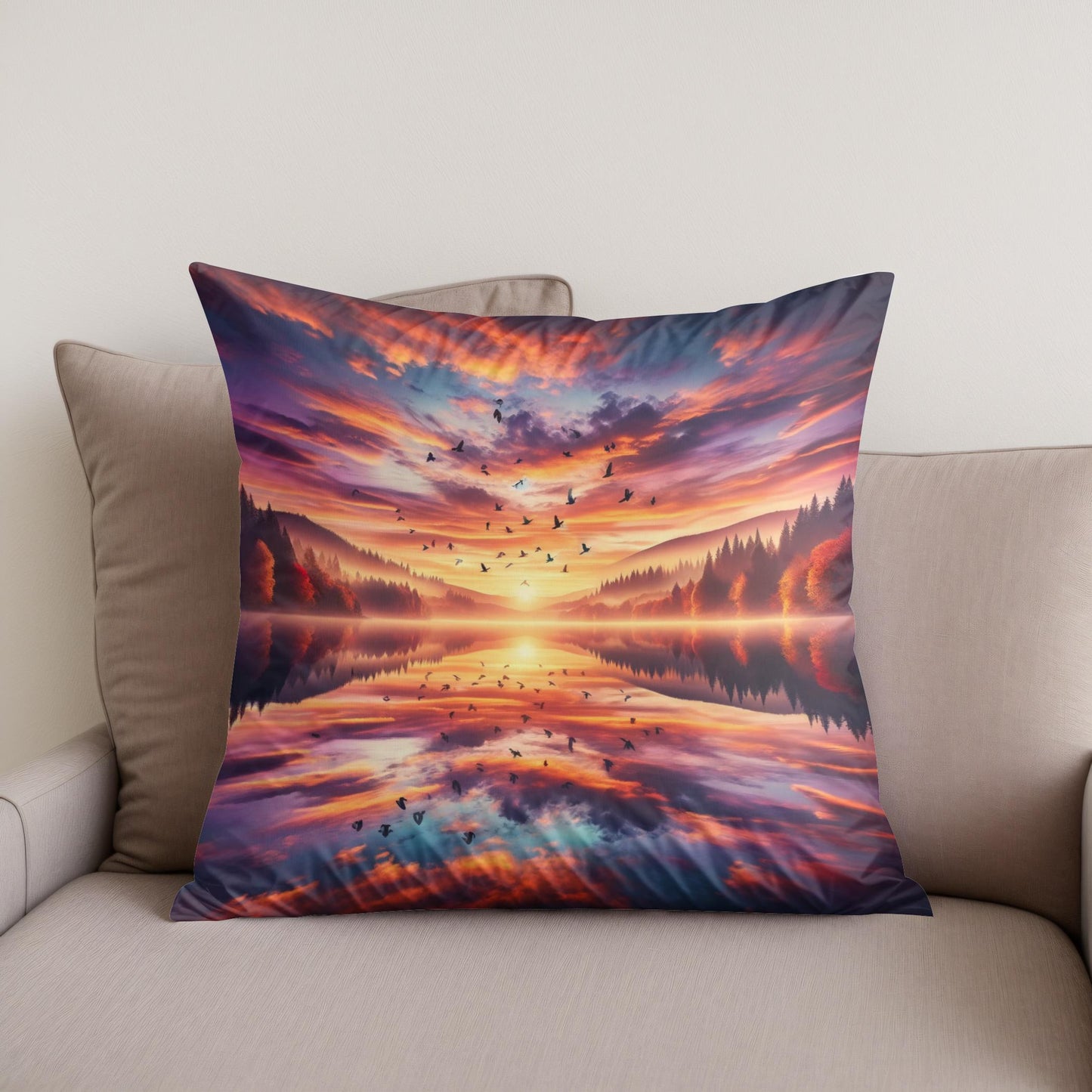 Autumn Lake Sunset Cotton Cushion