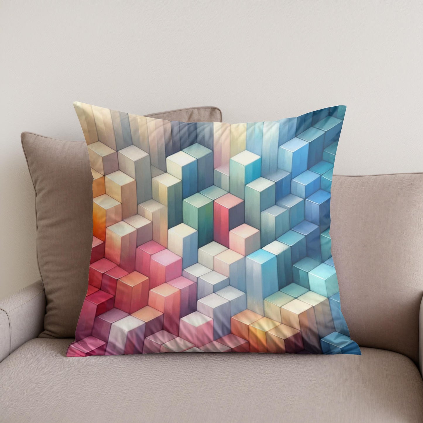 Pastel Serenity Cube Mosaic Cotton Cushion