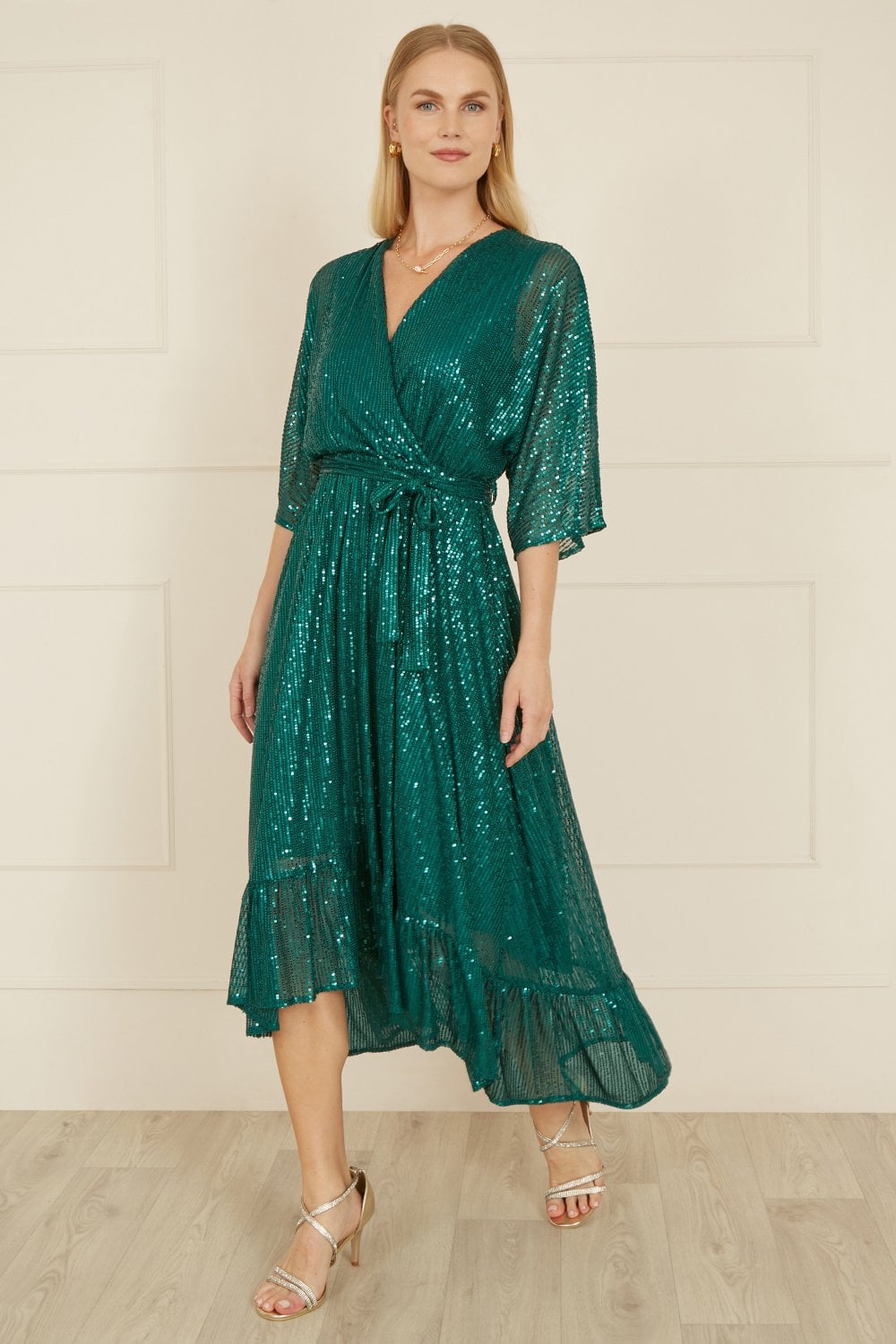 Yumi Green Sequin Kimono Midi Wrap Dress