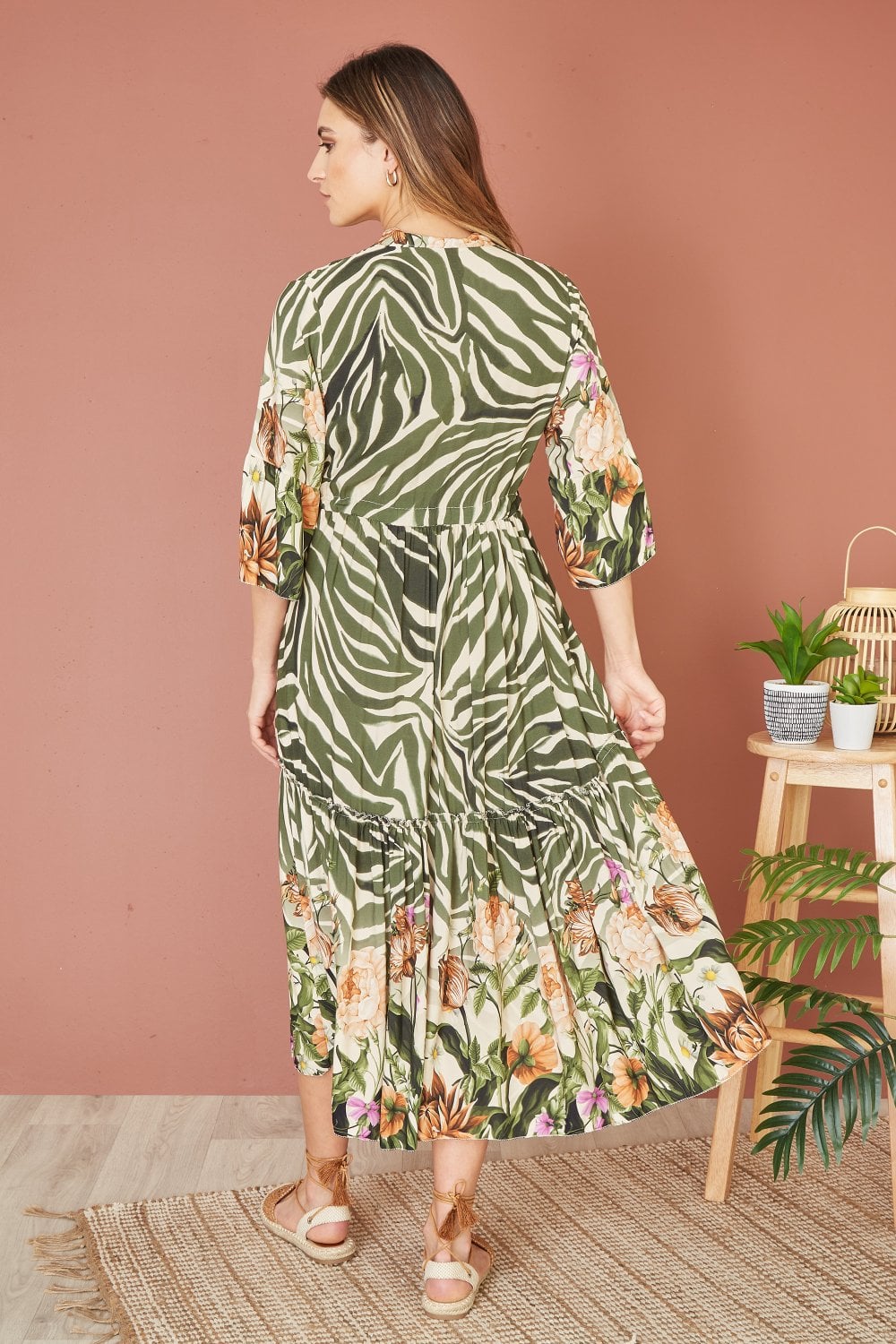 Yumi Green Viscose Zebra And Floral Print Midi Dress