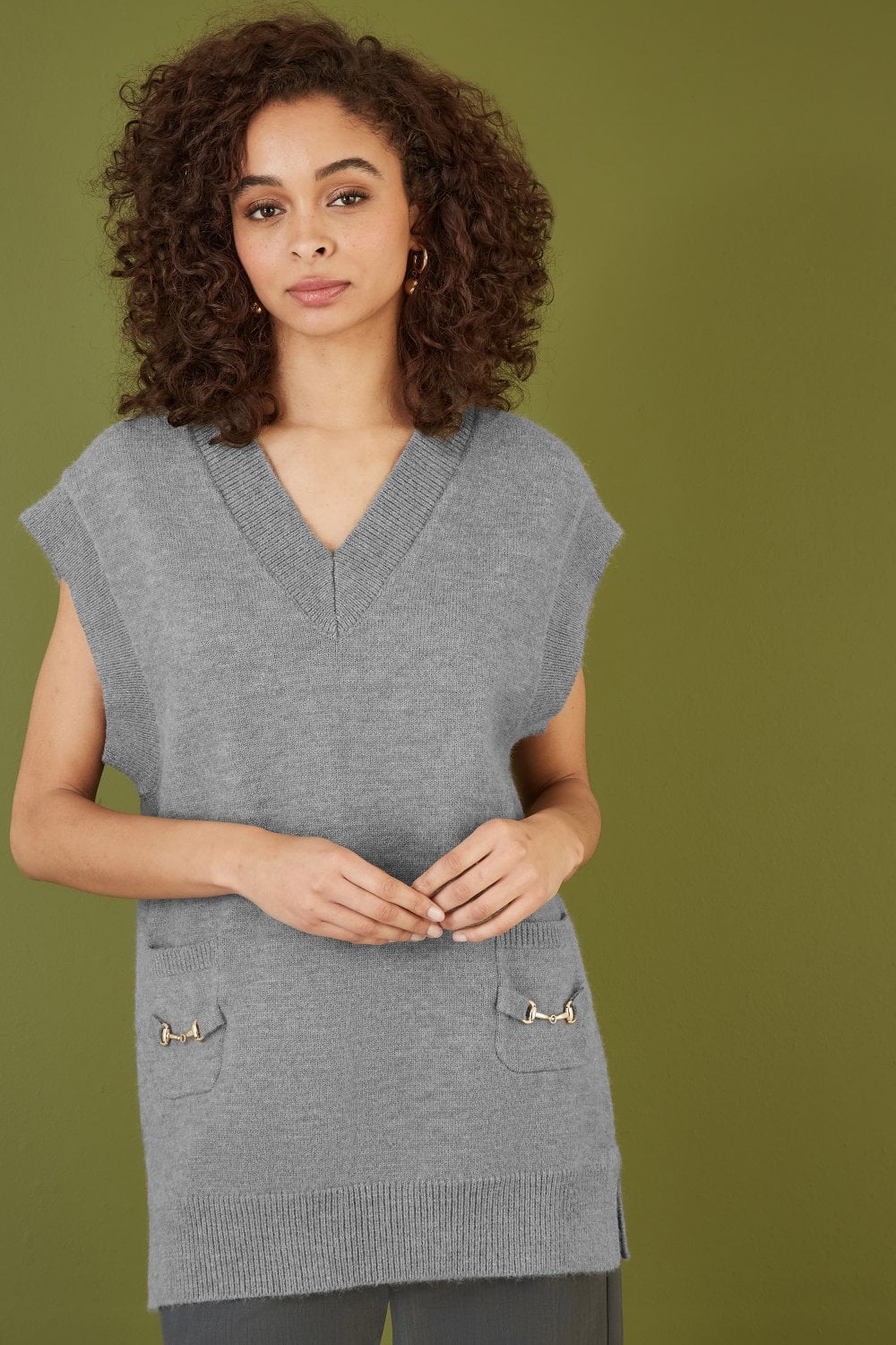 Yumi Grey Knitted Oversize Vest With Pockets And Snaffle Details