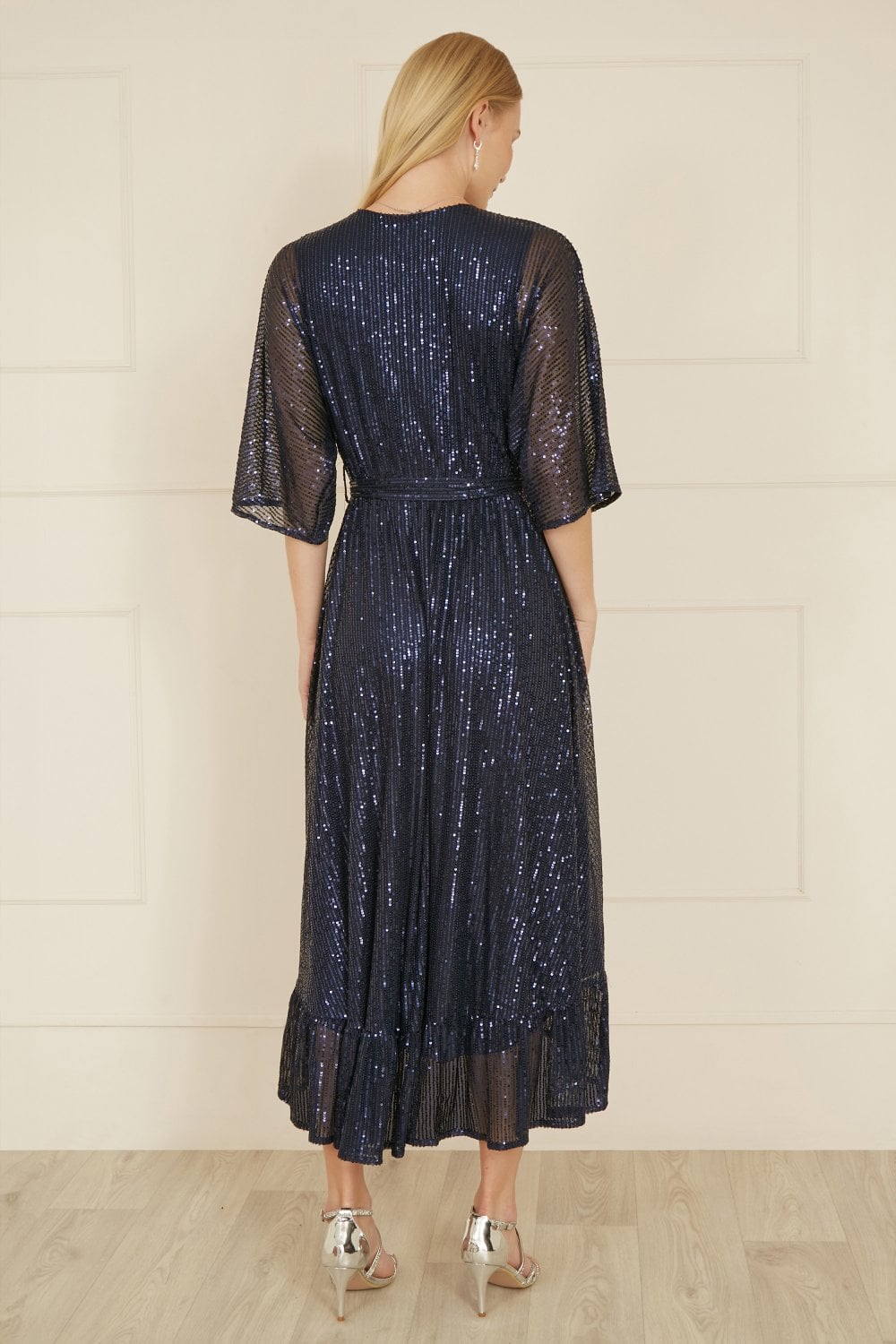 Yumi Navy Sequin Kimono Midi Wrap Dress