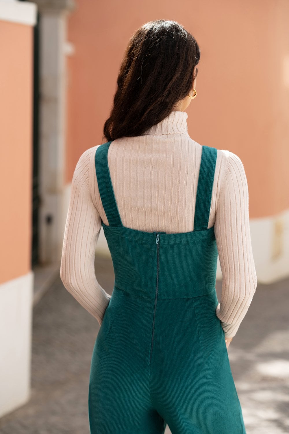 Yumi Teal Cord Stretch Dungaree Style Jumpsuit