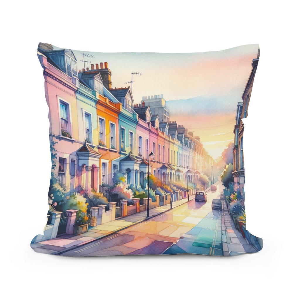 London Notting Hill Morning Watercolor Cotton Cushion
