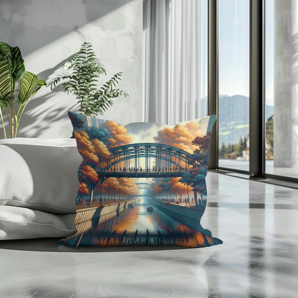Autumn Urban Bridge Cotton Cushion