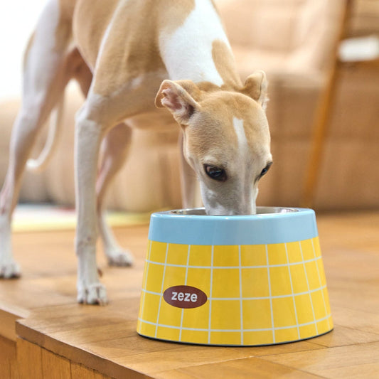 zeze Retro Waffle Plaid Metal Pet Bowl — Raised Stainless Steel Bowl