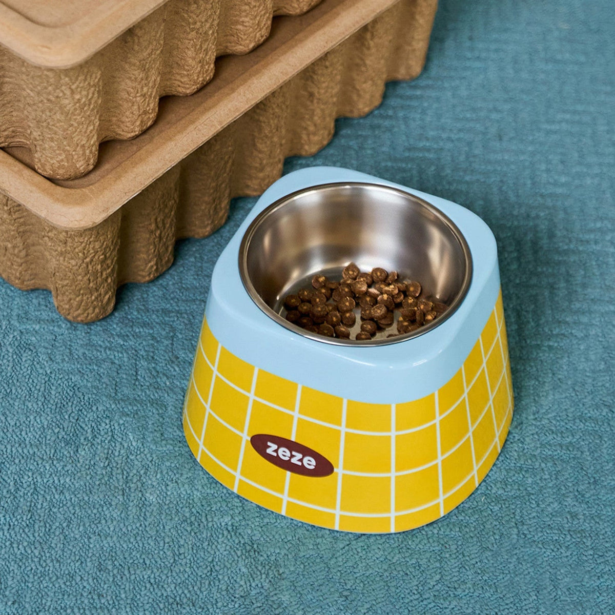 zeze Retro Waffle Plaid Metal Pet Bowl — Raised Stainless Steel Bowl