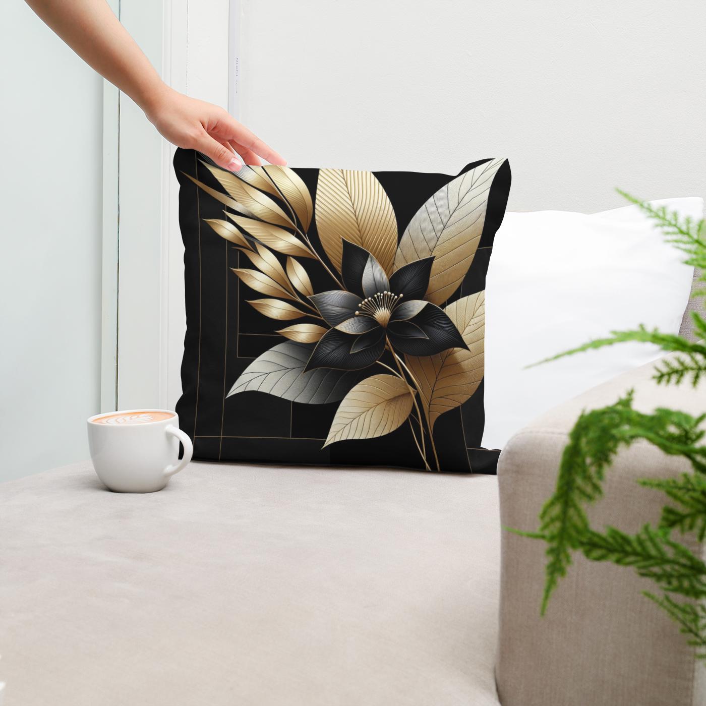 Golden Noir Floral Elegance Cotton Cushion